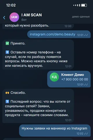 Анкета бота I AM SCAN в Telegram: ссылка на аккаунт, телефон и запрос клиента